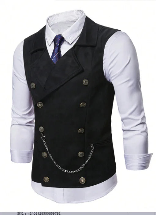 2026 Black Double-breasted Men's Suit Vests, Brown V-neck Sleeveless Vest Jacket, Dark Blue Business Casual Waistcoat.
