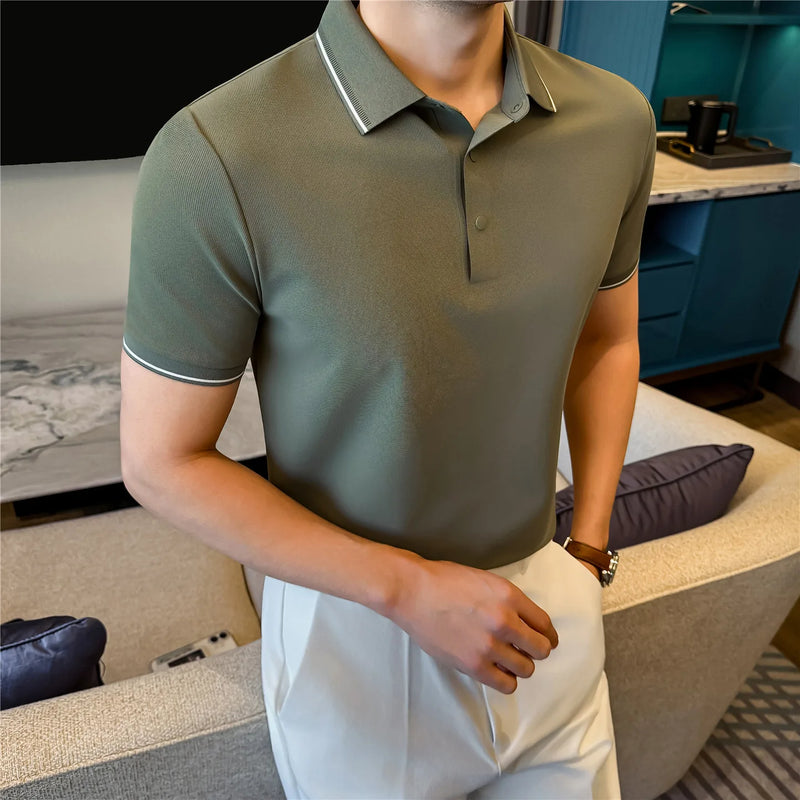 Men’s Slim Fit Polo Shirt with Contrast Collar Wrinkle-Free, Odor-Resistant Business Casual Top Sun-Friendly Fabric