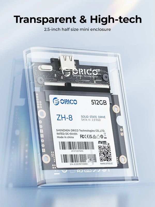 ORICO 2.5inch Half Size SSD Case Type-C Hard Drive Enclosure 5Gbps Support Auto Sleep for Half Slim 2.5 inch SSD Mini Size