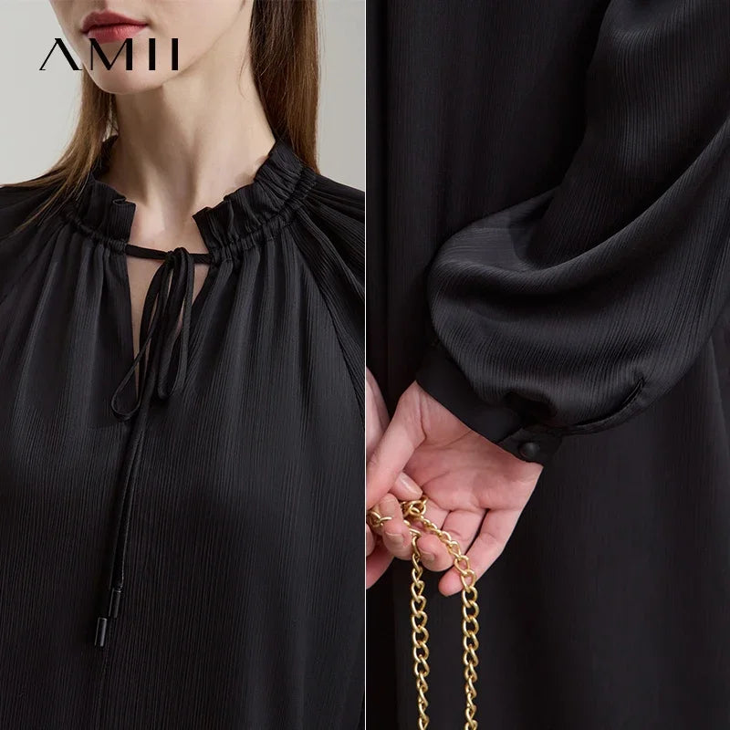 រ៉ូបនារី Amii Minimalist Retro ឆ្នាំ២០២៥ រដូវស្លឹកឈើជ្រុះថ្មី ចងដៃអាវស្មា សំពត់រាងអក្សរ A រ៉ូបសាមញ្ញឆើតឆាយសម្រាប់ស្ត្រី 12521064