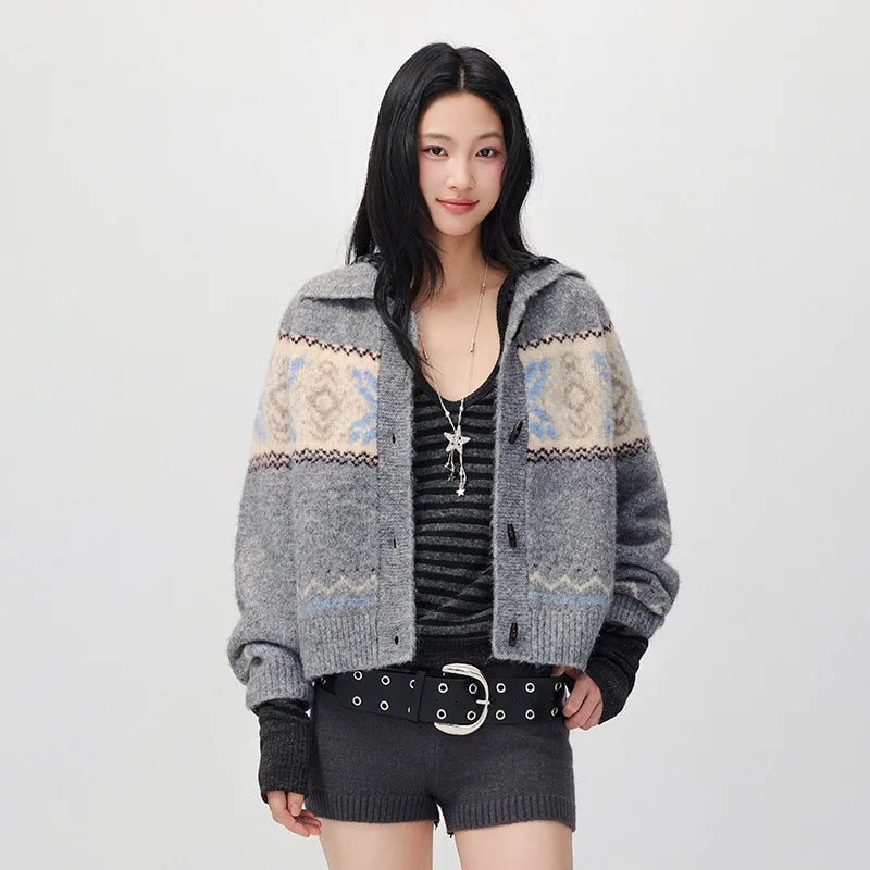 Semir Women Knit Cardigan Geometric Jacquard Loose Fit Raglan Sleeve Vintage Style 2026 New Winter Daily Wear Everyday Wardrobe