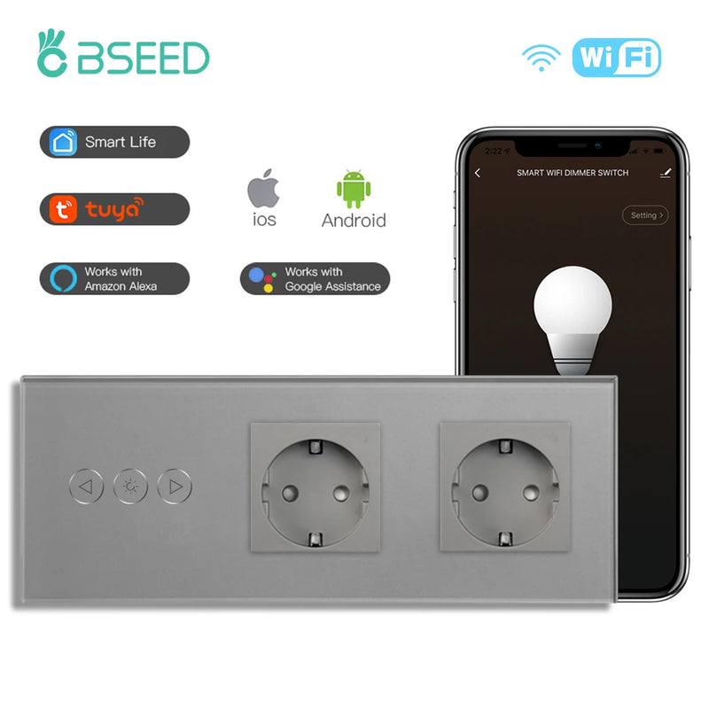 BSEED Wifi Dimmer Switch Smart Dimmable Touch Switch With EU Socket Glass Panel Support Tuya Smart Life Google Home Control