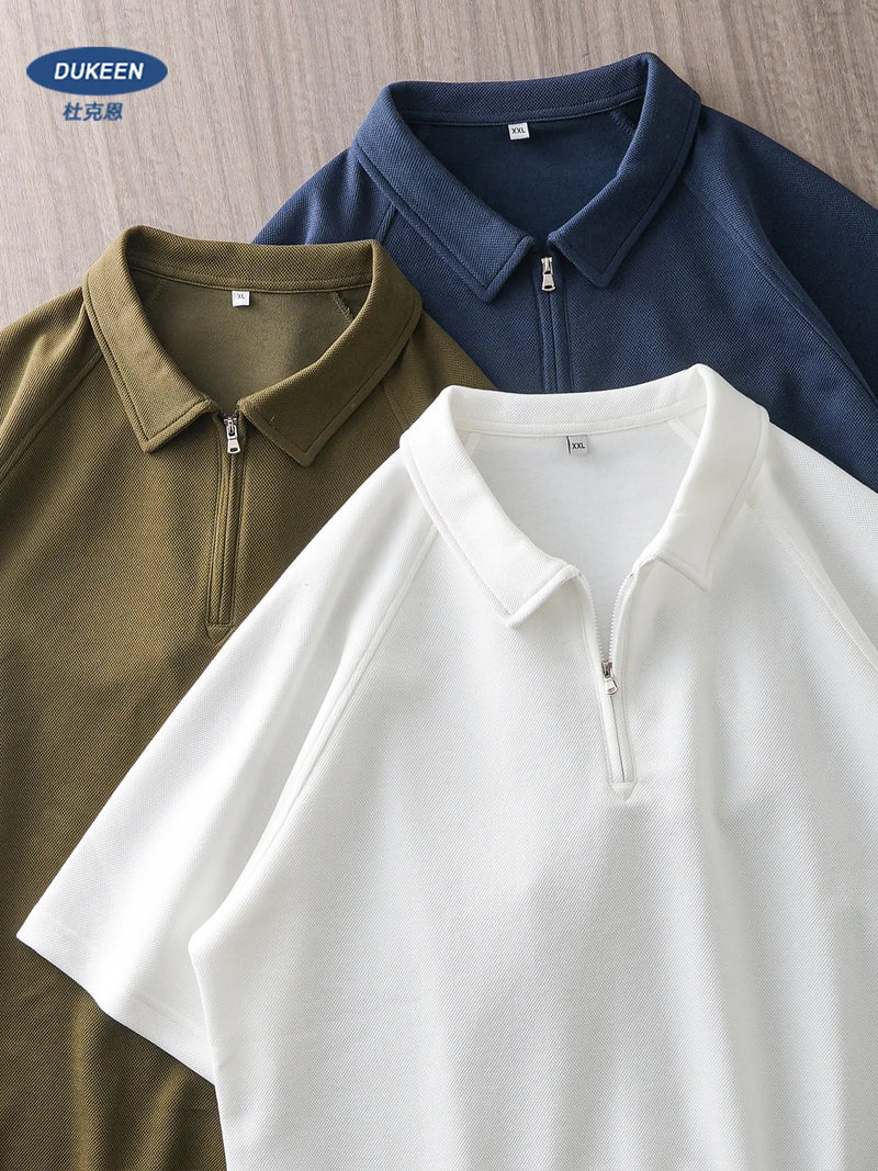 DUKEEN Men's Pique Fabric Zipper Polo Shirts Summer Solid Color Turndown Collar T Shirts White Short Sleeve Tees Golf Wear 2024