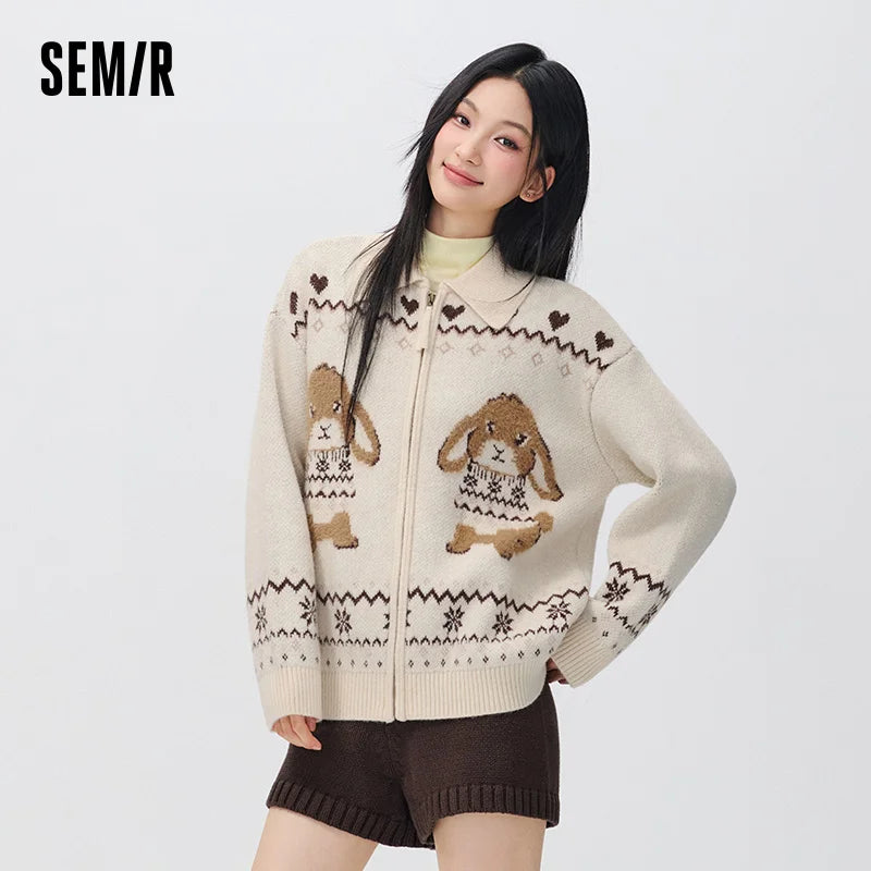Semir Women Knit Cardigan Turn Down Collar Oversized Fit Geometric Jacquard 2026 New Winter Daily Wear Urban Casual Style