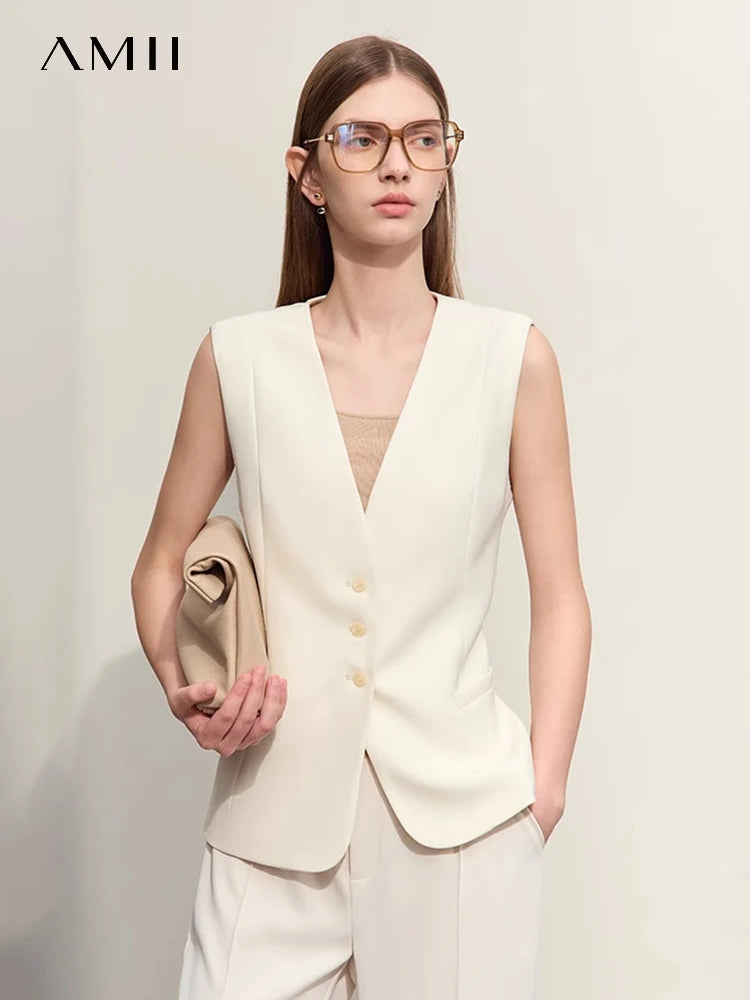អាវកាក់ AMII Minimalism សម្រាប់ស្ត្រីរដូវក្តៅឆ្នាំ ២០២៥ រចនាប័ទ្មវិជ្ជាជីវៈថ្មី V-neck Slim ដៃអាវតែមួយដើមទ្រូង 12441175
