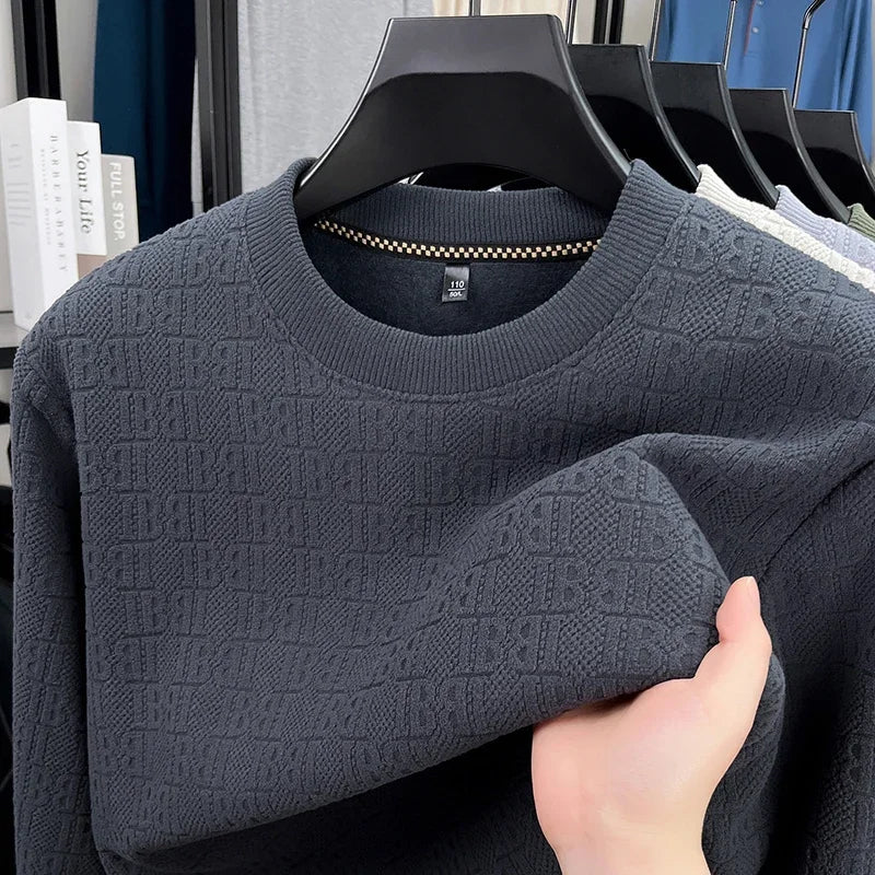 Mens Winter Long Sleeve Knit Top All Over Embossed Pattern Fleece Lined Round Collar Comfort Business Shirt