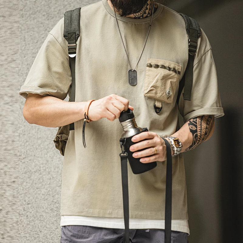 Maden Casual Outdoor Spliced Pocket Short Sleeve T-Shirt Men's Summer Loose Fit Breathable Round Neck Tee Comfortable Street Top