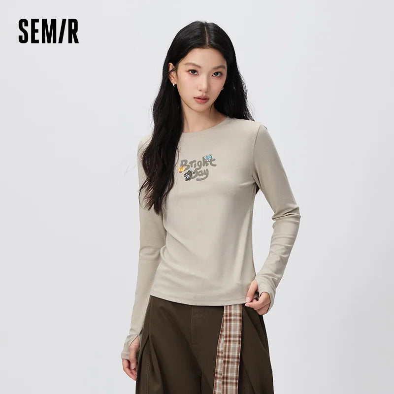 Semir Women Tshirt Letter Graphic Embroidered Detail Regular Shoulder Long Sleeve Slim Fit 2026 Autumn Everyday Wear