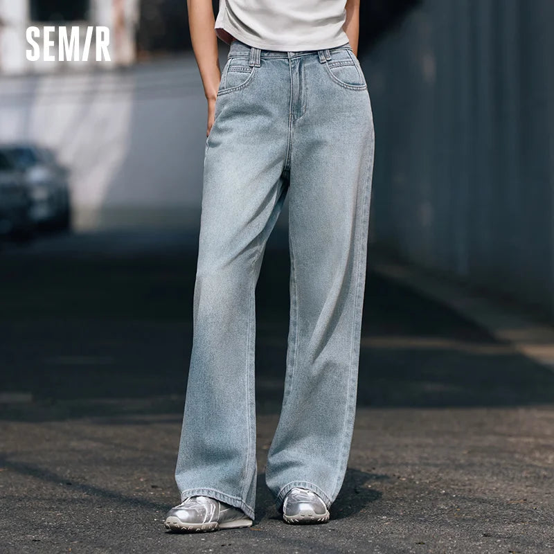 Semir Soft Jeans Women Fleece Lined Floor Length Pants Leg Slimming Wide Leg Retro Style 2026 Winter Fashion Trousers