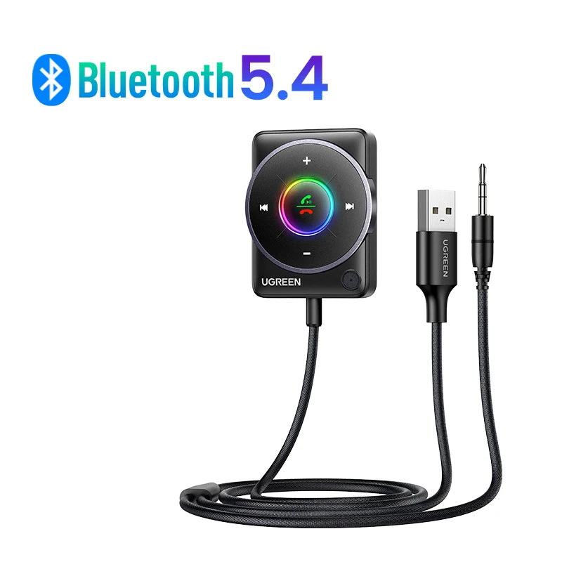 UGREEN Bluetooth 5.4 Car Receiver Adapter with Mics and Noise Cancellation, USB AUX Bluetooth Receiver Car Kit Stereo Audio