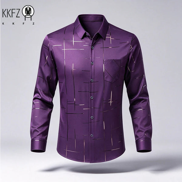 Male Spring Autumn Long Sleeve Shirts Lapel Style Wrinkle Free Fabric Geometric Line Print Chest Pocket Button Shirts