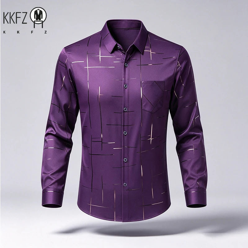 Male Spring Autumn Long Sleeve Shirts Lapel Style Wrinkle Free Fabric Geometric Line Print Chest Pocket Button Shirts