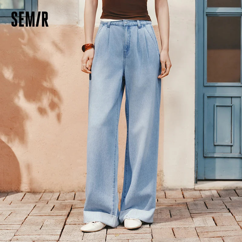 Semir Women Jeans Soft Cool Patchwork Striped Wide Leg Denim Pants 2026 Summer Trendy Loose