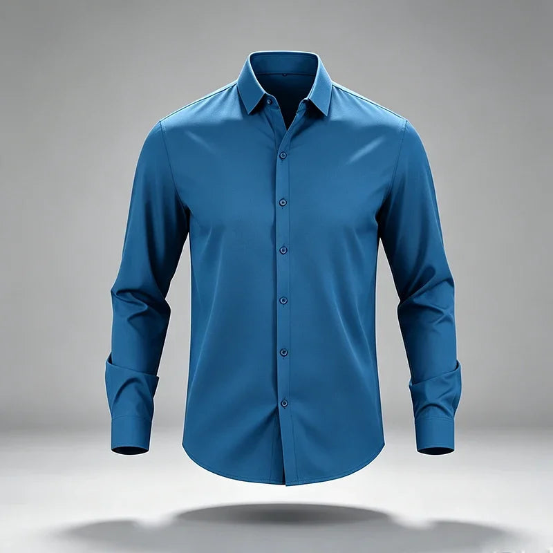 Mens Slim Fit Collared Long Sleeve Shirt Full Button Front Elastic Texture All Match Workplace Leisure Outer Garment