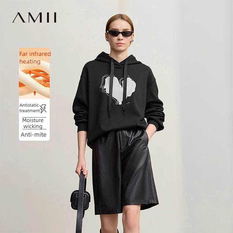 អាវយឺត Amii សម្រាប់នារី 2025 រដូវរងាថ្មី រលុង ទន់ ក្រាស់ មានក្រណាត់ក្រាស់ ដៃវែង បោះពុម្ព អាវប៉ាក់ធម្មតា សម្រាប់នារី 12524124