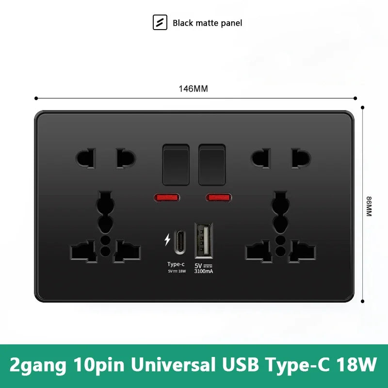 Universal 18W Fast Type C Wall 220V Power Outlet Plug, UK Black 13A Socket Switch, Electrical Wall Socket Panel with USB Charger