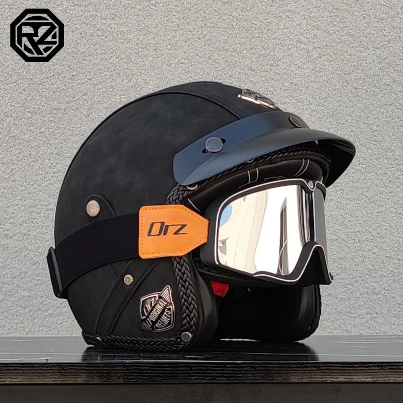 【ORZ】Retro Leather 3/4 Open Face Motorcycle Helmet, PU Leather Shell Cafe Racer Scooter Motorbike Half Helmet for Men Women