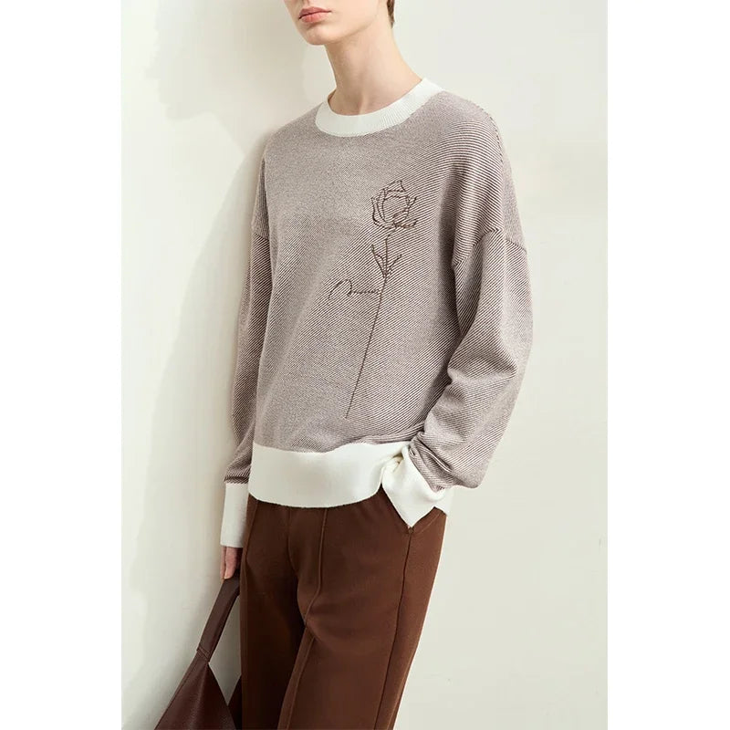 Amii Minimalism 2026 Autumn New Women Sweater Fashion Lazy O-Neck Rose Embroidery Color Contrast Drop Sleeve Loose Tops 12453063