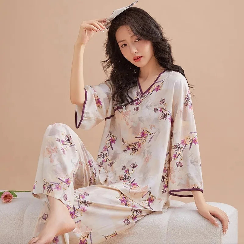 ឈុតគេងរដូវផ្ការីករដូវក្តៅសម្រាប់នារី ខោដៃវែង 3/4 រចនាបថចិនថ្មី ឈុតគេងផ្កាកប្បាសផ្អែមល្ហែម សម្រាប់ស្លៀកនៅផ្ទះ