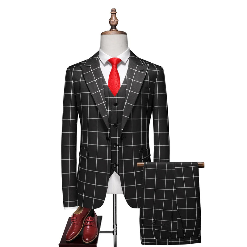 Men's Black-White Striped Plaid Suit 3-Piece, Wedding Party Dress Jacket and Vest with Trousers, Asian Sizes Red Slim Fit Sets.