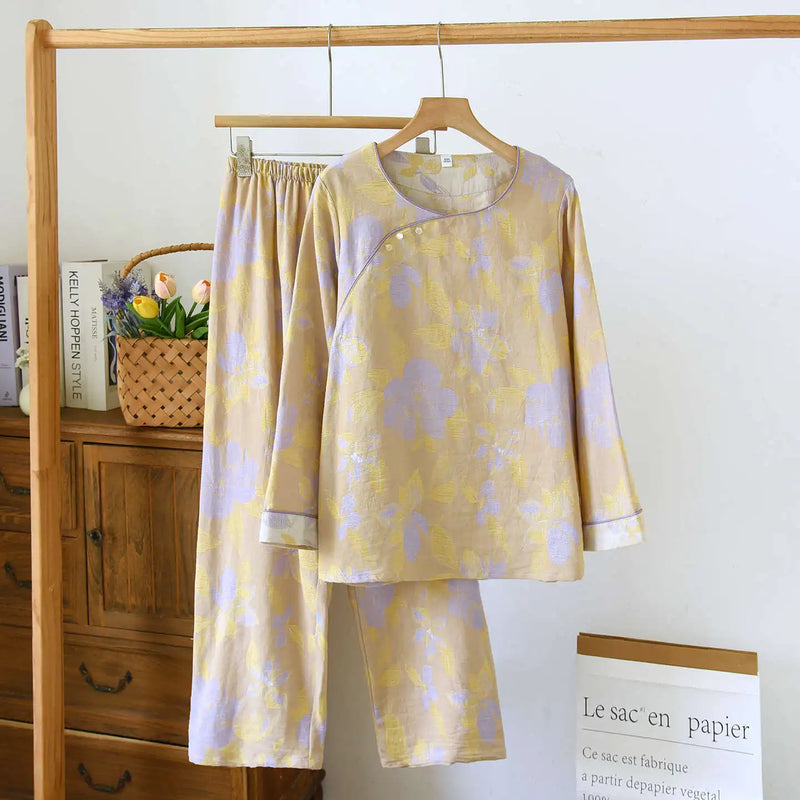 ឈុត Pijama បែប Vintage សម្រាប់រដូវផ្ការីករដូវស្លឹកឈើជ្រុះ ឈុតគេងសម្រាប់នារី ធម្មតា បោះពុម្ព 100% កប្បាស ដៃវែង គេងសម្រាប់នារី ឈុតគេងពេលយប់