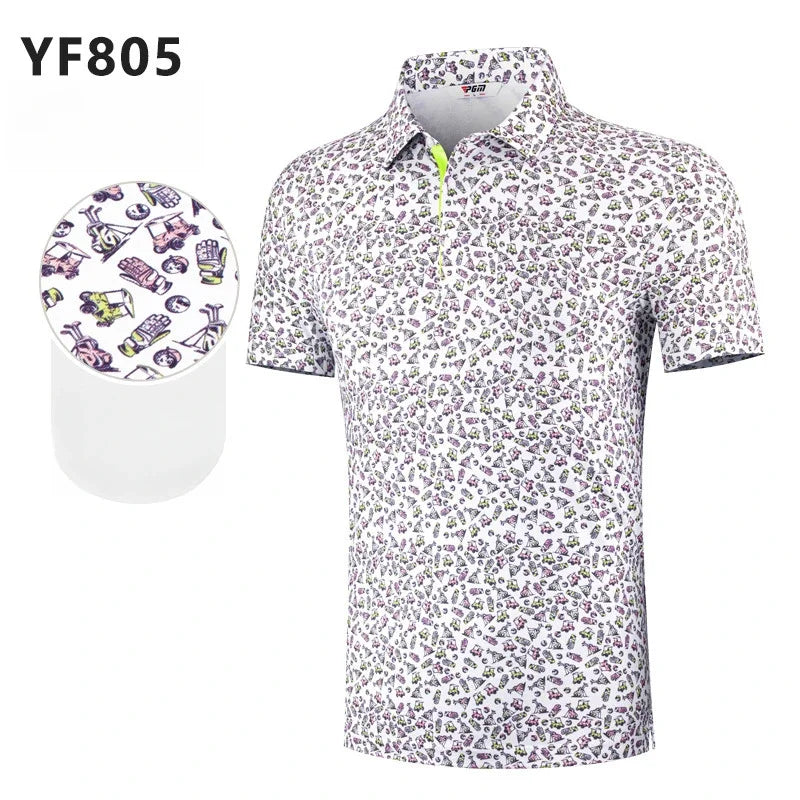 PGM Men Golf Trainning T Shirts with Digital Printing, Summer Quick Drying Short Sleeved Polo Shirt Top YF805