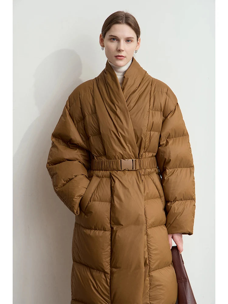 អាវធំ Amii Long Down Coats 2025 ថ្មីក្តៅជាមួយខ្សែក្រវ៉ាត់ Down Jacket អាវក្រៅរដូវរងារបស់ស្ត្រី V-Neck ដៃវែងក្រាស់ 12424002