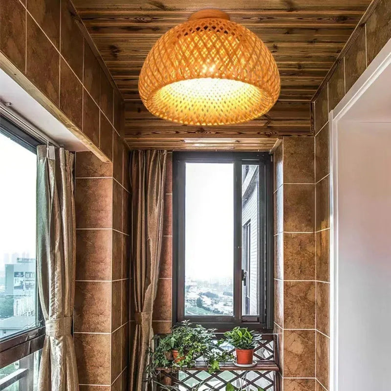 JOYINLED Rattan Ceiling Light Pendant Lamp Shade Chinese Style Circular Handmade Retro Light Fixture Living Room Restaurant