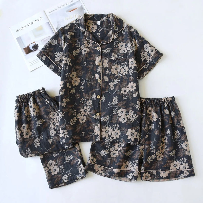Retro Floral Summer Pajamas Lapel Short Sleeve Sleepwear Women's Cotton Home Wear New Three-Pieces Pyjama Set Woman Nightwear