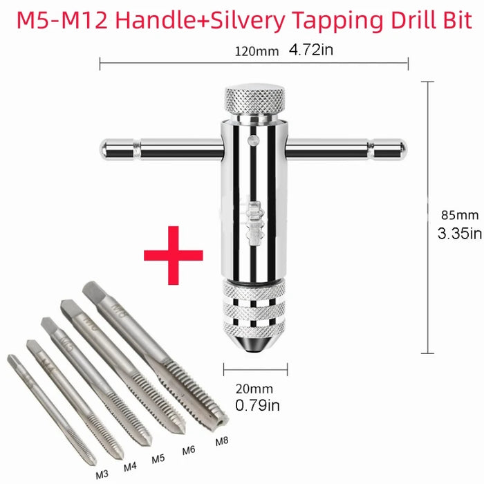Adjustable T-Handle Ratchet Tap Holder Wrench, Machine Screw Thread Metric , Bothway Hand Screw Tap Set Manual Tapping Tool Kit M5-M12 Silvery Set