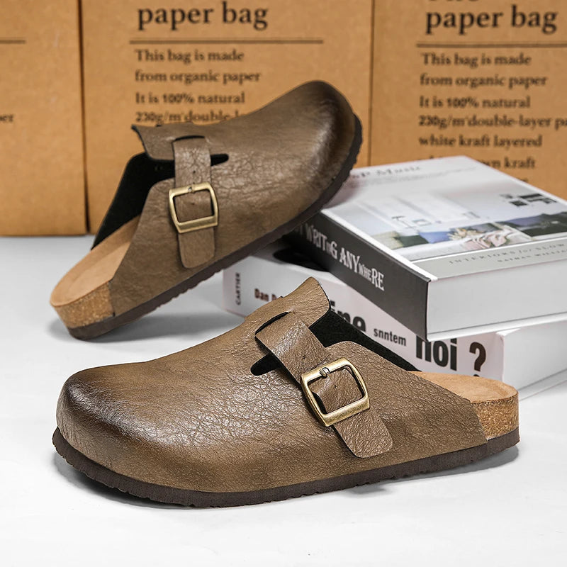 Unisex Cork Closed Toe Slippers Slip-on Clogs Slides Fashion Leather Sandals with Adjustable Buckle Backless Comfort Footbed