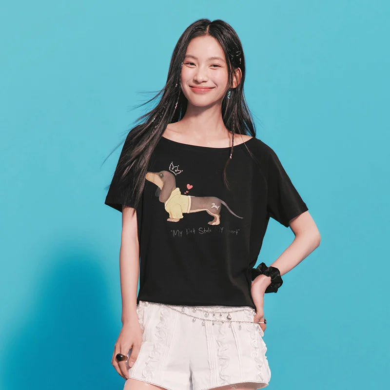 Semir Womens Tshirt 2026 Dog Printed Oversized Raglan Sleeve Slash Neck Petite Style Casual