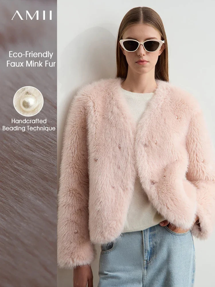 AMII Minimalist 2026 Winter New Women's Commuter V-neck Handmade Beaded Imitation Mink Fur Loose Warm Plush Jacket 12424021