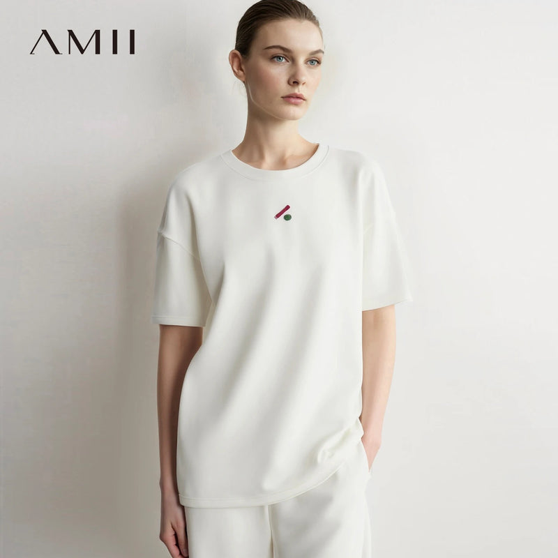 Amii Woman T-Shirts O Neck Drop Shoulder Geometric Embroidery Autumn Loose Tee Tops Casual Comfortable Woman Clothing 12623030