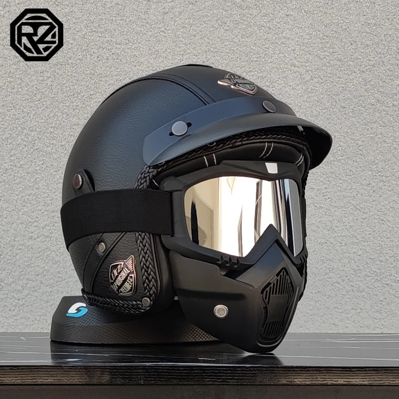 Vintage Leather 3/4 Jet Motorcycle Helmet, Handmade Leather Surface Adult Scooter Cruiser Riding Helmet Casque Moto