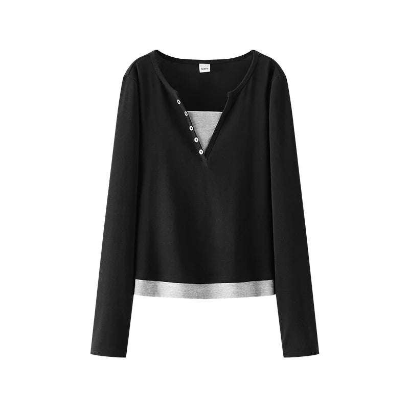 Semir Women Tshirt 2026 Spring New Short Slim Fit Fake Two Piece Design Sense Temperament Crew Neck Long Sleeve Tops