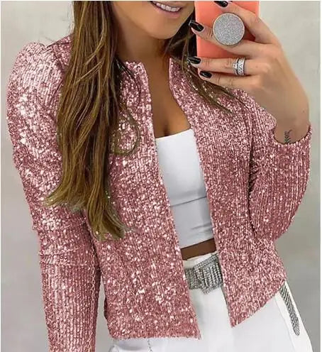Gold Purple Shiny Sequins Round Neck Cardigan Jacket Women Fashion Short Coat Silver Blue Nothing Red Outerwear Female Overcoat