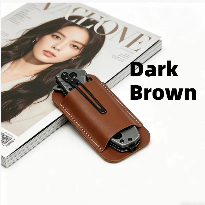 1pc Portable EDC Folding Knife Sheath, Genuine Leather Belt Mount Holder, Anti-Loss Wearproof Waist Pouch for Daily Outdoor Use