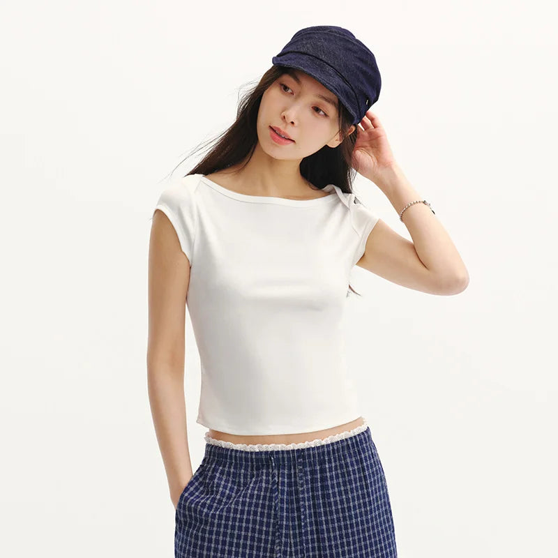 Semir Womens Tshirt 2026 Short Style Slash Neck Slim Solid Color Cool Feeling Casual Fashion