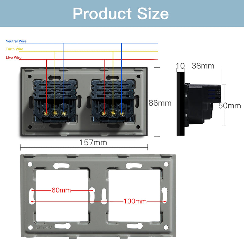 BSEED French Standard 20W Fast Charge Port Wall Power Socket Double France USB Type-C Electrical Outlets Crystal Glass Frame 16A