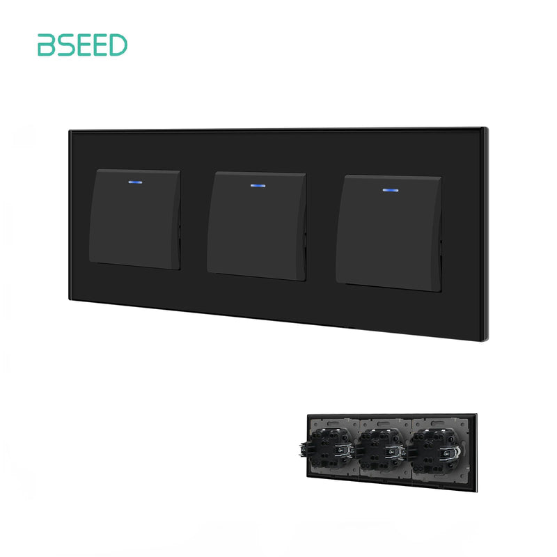 BSEED EU Standard Wall Light Switch 1/2Gang 1Way Toggle Switch Glass Panel Black Color Wall Switch On Off 10A 250V