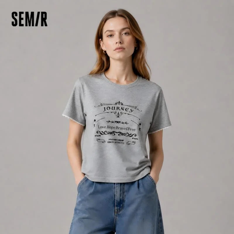 Semir Womens Tshirt 2026 Letter Printed Loose Lace Hem Fashion Trendy Casual Soft Daily