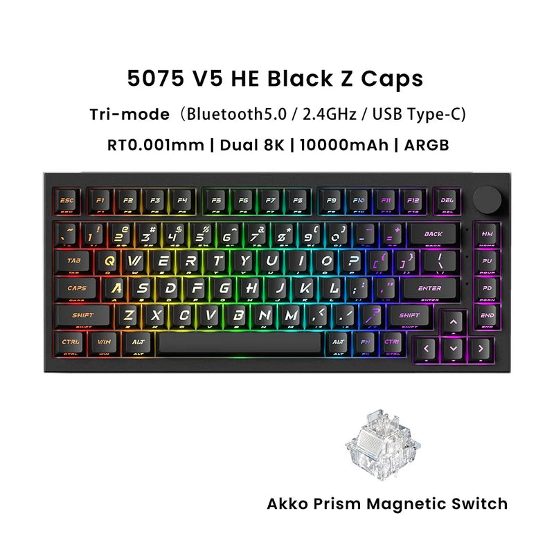 Akko Hall Effect Magnetic Keyboard 5075 V5 75% RT0.001mm 8K USB Type-C/2.4g&BT5.0 Wireless ARGB Custom Gamer Keyboard Gasket