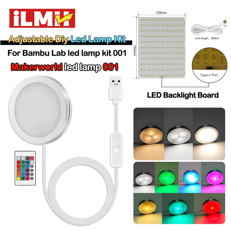 សម្រាប់ឧបករណ៍ចង្កៀង LED របស់ Bambu Lab ឈុតភ្លើង LED ដែលអាចលៃតម្រូវបាន គ្រឿងបន្លាស់ផ្នែករឹង DIY ម៉ូដែលពន្លឺពណ៌ស/ត្រជាក់/ក្តៅ ដោយគ្មានសំបកចង្កៀង 001