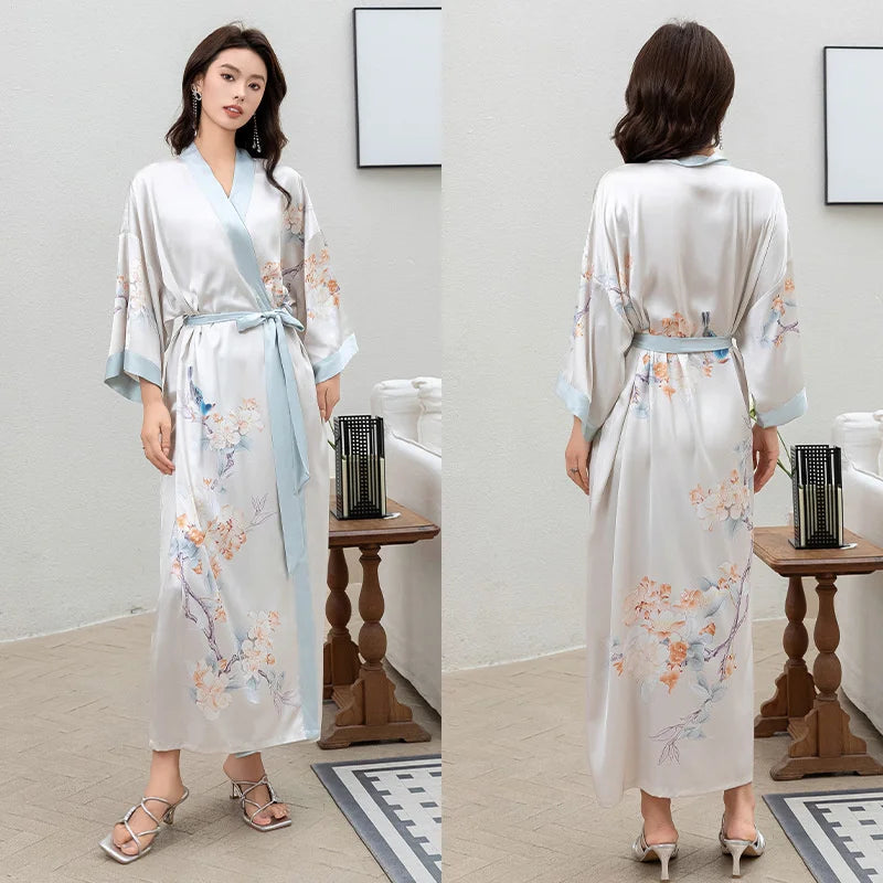 Women Ice Silk Rayon Home Dress Black Print Flower Long Robe Nightgown Spring Summer Half Sleeve Kimono Bathrobe Gown
