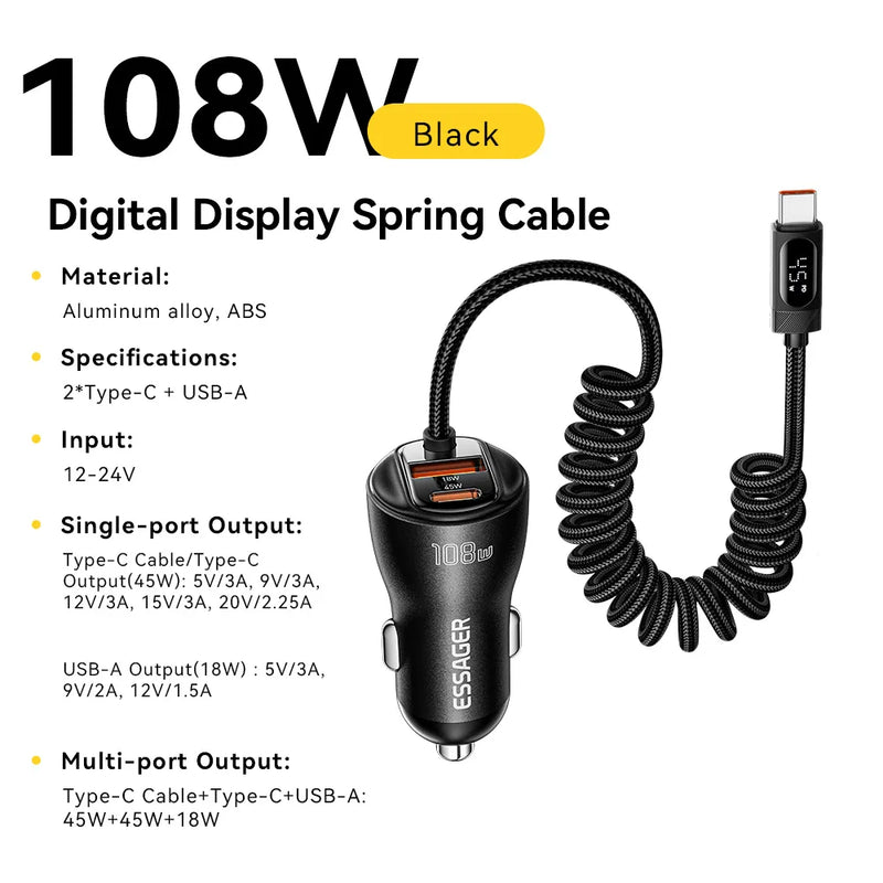 ឆ្នាំងសាករថយន្ត Essager 108W រន្ធ USB-C និង USB-A PD QC4.0 សាកថ្មលឿនជាមួយខ្សែបង្ហាញឌីជីថលសម្រាប់ iPhone 17 Pro MacBook