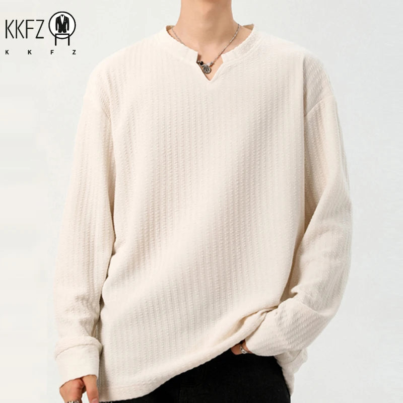Daily Urban Henley Shirt Men Long Sleeve Split Notch Neck Vertical Texture Soft Fabric Basic Fashion Outer Garment