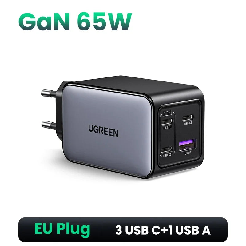 UGREEN 65W GaN Charger Quick Charge 4.0 3.0 PPS PD 3.0 Fast Charger 3 USB C For Macbook Air Laptops Tablets iPhone 18 17 16 Pro