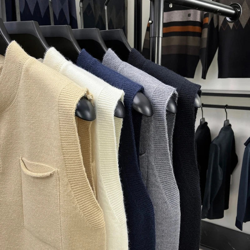 Men's Stand-Up Collar Knitted Vest with Button Front and Patch Pocket Spring and Autumn Pullover Knit Sweater