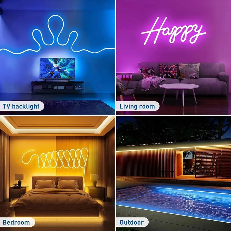 ភ្លើង LED RGBIC Neon Strip ទំហំ 1-10 ម៉ែត្រ អាចប្រើប្រាស់ជាមួយ APP Bluetooth ដើម្បីបញ្ជាភ្លើងបាន អាចបន្ថយពន្លឺបាន អាចធ្វើសមកាលកម្មតន្ត្រីជាមួយ 5V Neon Strip សម្រាប់បន្ទប់លេងហ្គេម និងការតុបតែងខាងក្រៅផ្ទះ